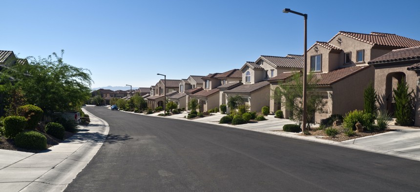 Modern street of typical middle class desert homes near Las Vegas Nevada.