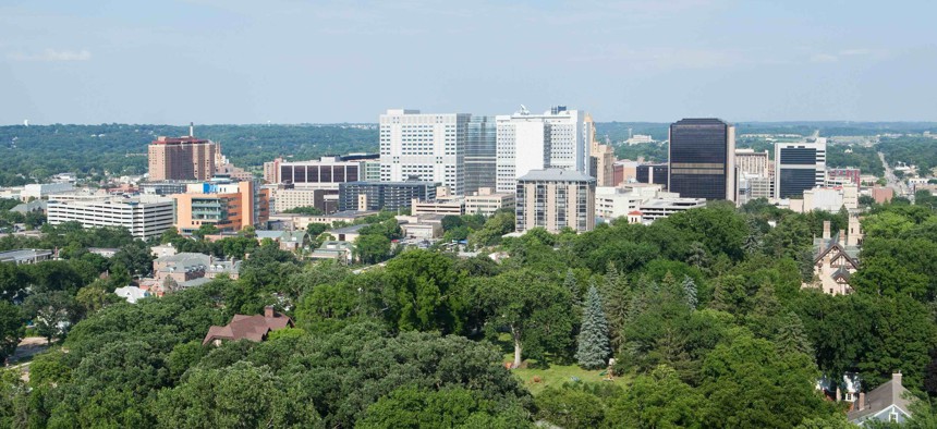 Downtown Rochester, Minnesota. The center right building is the main Mayo Clinic to the left Mayo's Gonda building. 