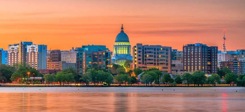 The skyline in Madison, Wisconsin at dusk.