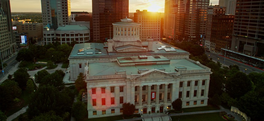 The Ohio state Capitol building in Columbus, at sunset.