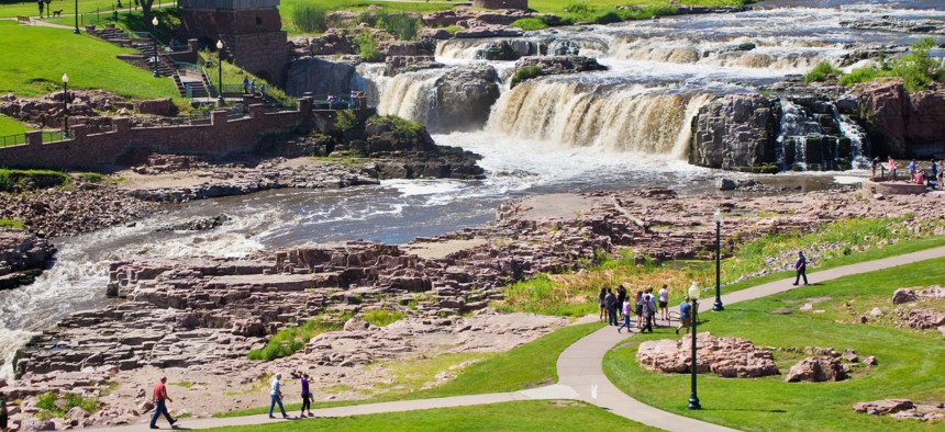 Falls Park Waterfalls in Sioux Falls, South Dakota.
