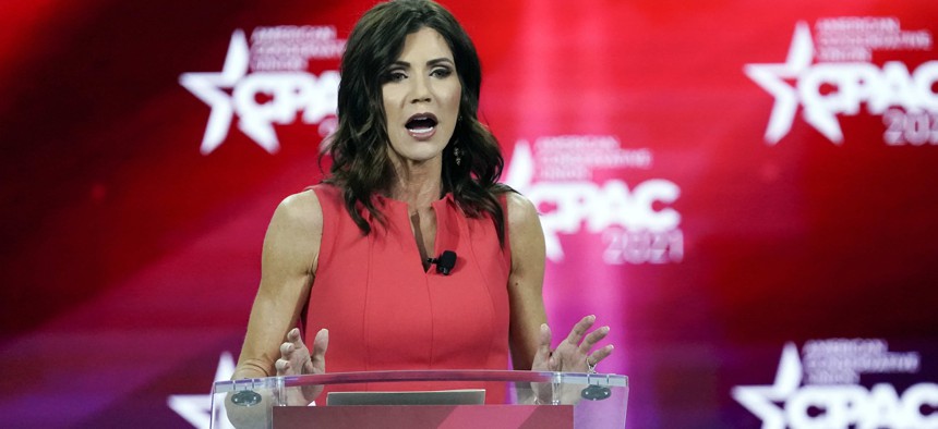 In this Feb. 27, 2021, file photo, South Dakota Gov. Kristi Noem speaks at the Conservative Political Action Conference (CPAC) in Orlando, Fla. A billionaire Republican donor is paying $1 million to help defray the cost of deploying the South Dakota National Guard to the U.S. -Mexico border.