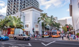 Famous Kalakaua Avenue in the evening in Waikiki, Hawaii.