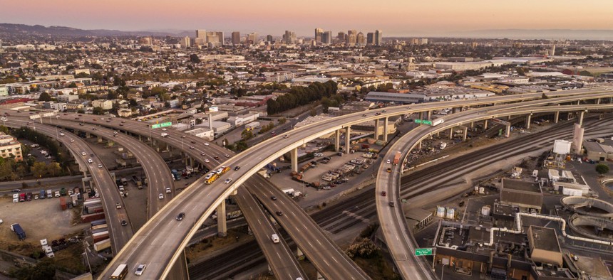Interstate highways slice through Oakland, California.