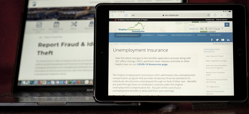 Web pages used to show information for collecting unemployment insurance in Virginia, right, and reporting fraud and identity theft in Pennsylvania, are displayed on the respective state web pages, Friday, Feb. 26, 2021.