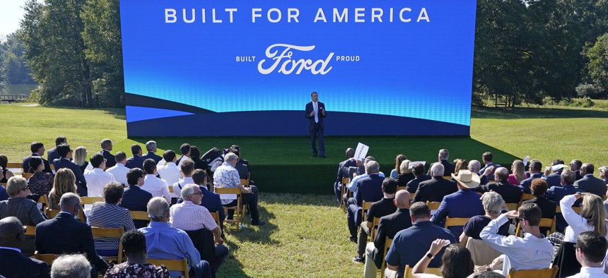 Ford Executive Chairman Bill Ford speaks during a presentation on the planned factory to build electric F-Series trucks and the batteries to power future electric Ford and Lincoln vehicles Tuesday, Sept. 28, 2021, in Memphis, Tenn.