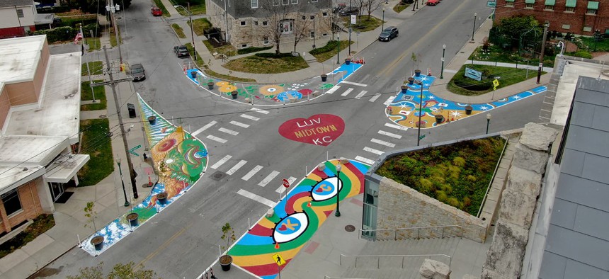 City engineers worked with Street Smarts Design + Build and four artists to create a new design for the intersection of Westport Road reclaiming over 4,000 square feet of roadway space in Kansas City, Missouri.
