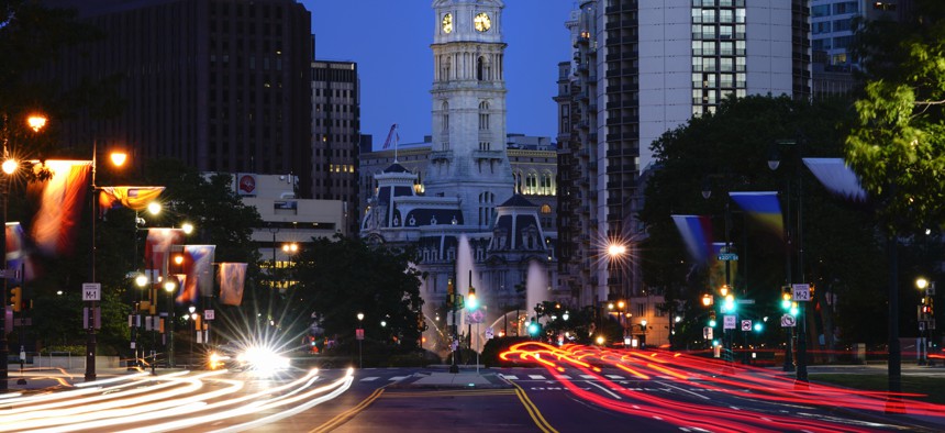 In this slow-shutter speed exposure, shown is City Hall in Philadelphia, Thursday, June 24, 2021.