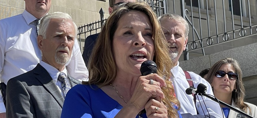 In this Sept. 15, 2021 file photo Republican Lt. Gov. Janice McGeachin addresses a rally on the Statehouse steps in Boise, Idaho. 