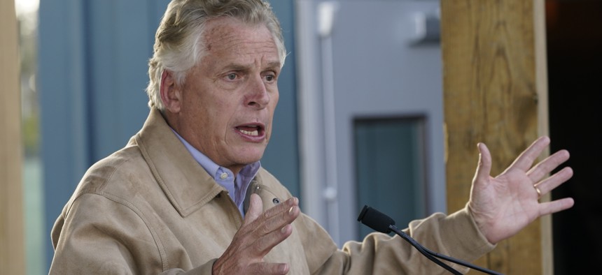 Democratic gubernatorial candidate former Gov. Terry McAuliffe, gestures as he speaks to supporters during a rally in Richmond, Va., Monday, Nov. 1, 2021. McAuliffe will face Republican Glenn Youngkin in the November election.