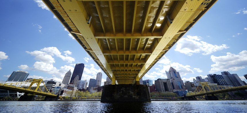 The recently refurbished Andy Warhol bridge spans the Allegheny River into downtown Pittsburgh, April 19, 2021.