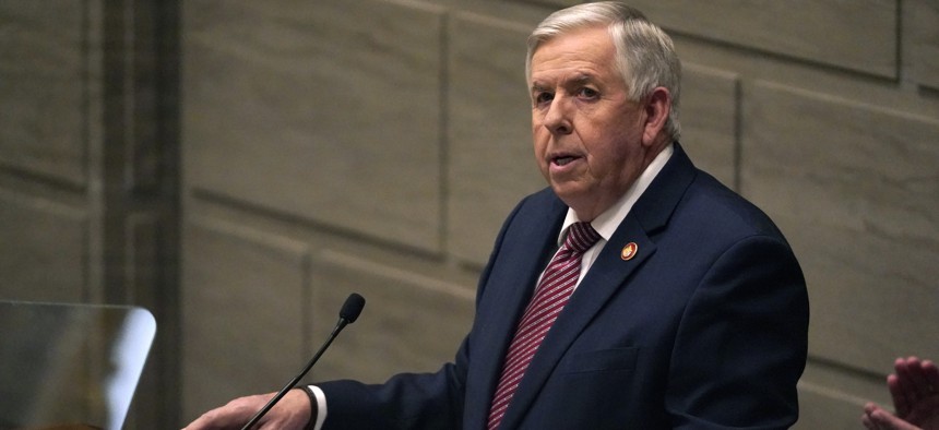 In this Jan. 27, 2021, file photo, Missouri Gov. Mike Parson delivers the State of the State address in Jefferson City, Mo.