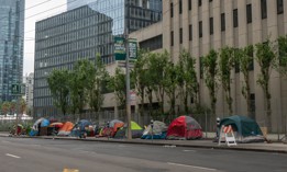 Homeless persons' tents line Main Street in San Francisco's financial district in 2020. 