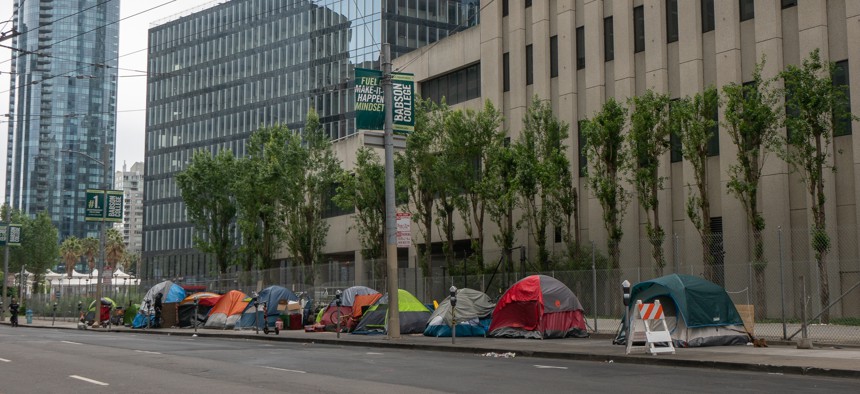 Homeless persons' tents line Main Street in San Francisco's financial district in 2020. 