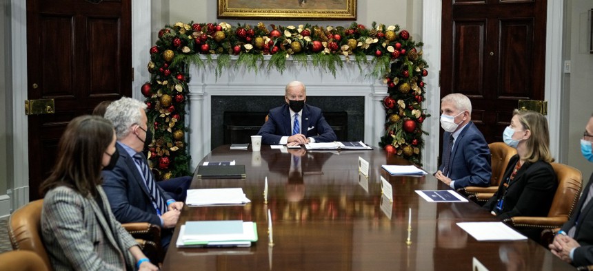President Biden speaks during a meeting with the White House COVID-19 Response Team in the Roosevelt Room of the White House on December 16.