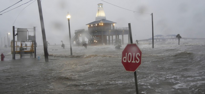 Hurricane Ida hits near the Louisiana and Mississippi border on August 29, 2021 bringing high winds, flooding and a dangerous storm surge as seen.