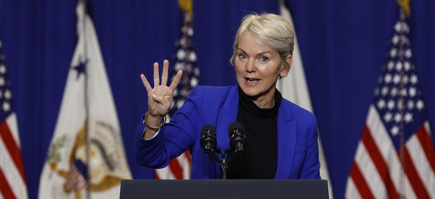  DECEMBER 13: U.S. Energy Secretary Jennifer Granholm delivers remarks during an event at the Prince George’s County Brandywine Maintenance Facility on December 13, 2021 in Brandywine, Maryland.
