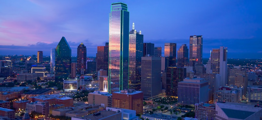 The Dallas skyline at sunset.