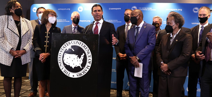 Flanked by other mayors, Francis Suarez, Mayor of Miami and President of The United States Conference of Mayors (USCM), speaks during a news conference at the 90th Winter Meeting of USCM on January 19, 2022 in Washington, DC. 
