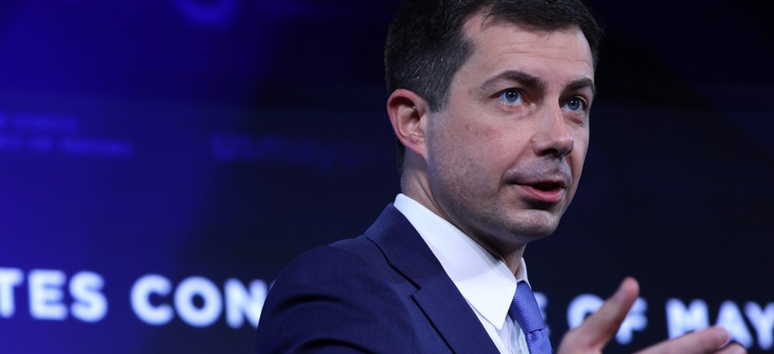 U.S. Secretary of Transportation Pete Buttigieg, seen here at a U.S. Conference of Mayors event on Jan. 20, spoke to governors over the weekend about the new infrastructure law.