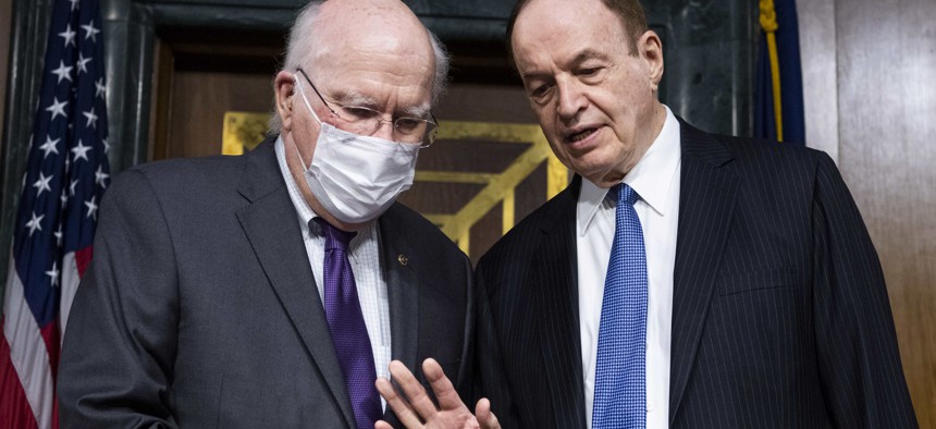 Sens. Patrick Leahy, D-Vt., left, and Richard Shelby, R-Ala., seen here at an Appropriations Committee hearing in 2021 are among the lead negotiators involved in talks over a long-term spending bill.