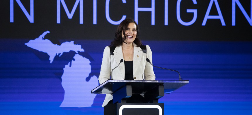 Michigan Gov. Gretchen Whitmer speaks at an event at which General Motors announced they are making a $7 billion investment, the largest in the company's history, in electric vehicle and battery production in the state of Michigan. The investment will be used at four facilities in Michigan and will create 4,000 jobs. 