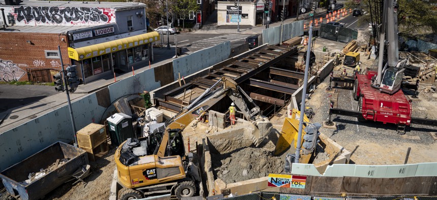 Construction takes place on a Washington, D.C. water infrastructure project during April 2021.