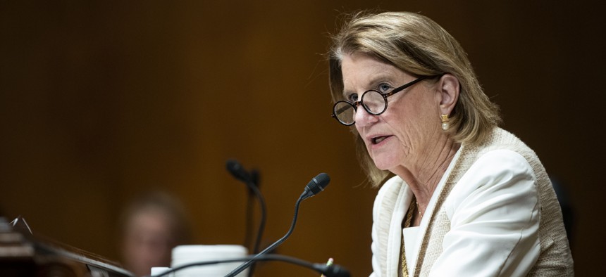 Sen. Shelley Moore Capito speaks during a Senate Appropriations Subcommittee hearing in June 2021. 