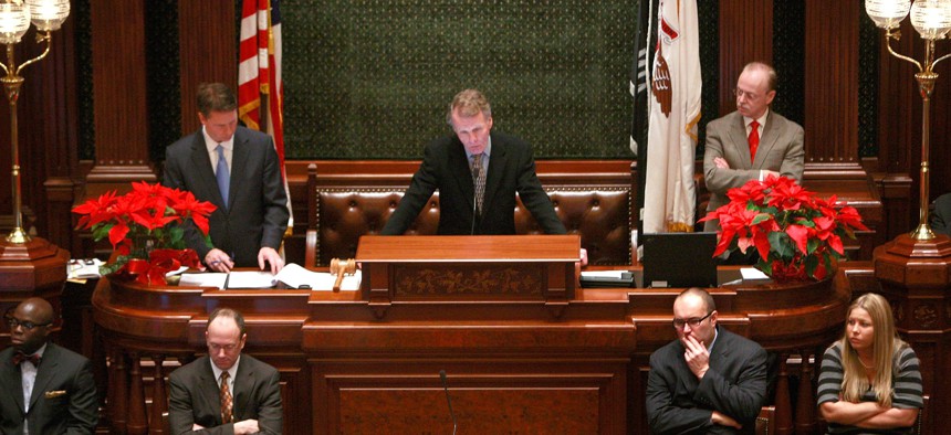 Then-Speaker of the House Michael Madigan (C) presides over The Illinois House of Representatives as they discuss a resolution to impeach Governor Rod Blagojevich January 9, 2009 in Springfield, Illinois. 