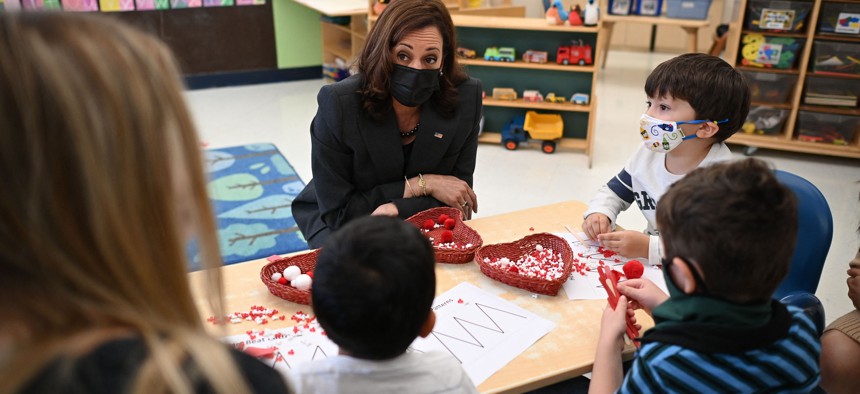 Vice President Kamala Harris speaks with children as she visits the Ben Samuels Childrens Center at Montclair State University, in Little Falls, New Jersey, on Oct. 8, 2021
