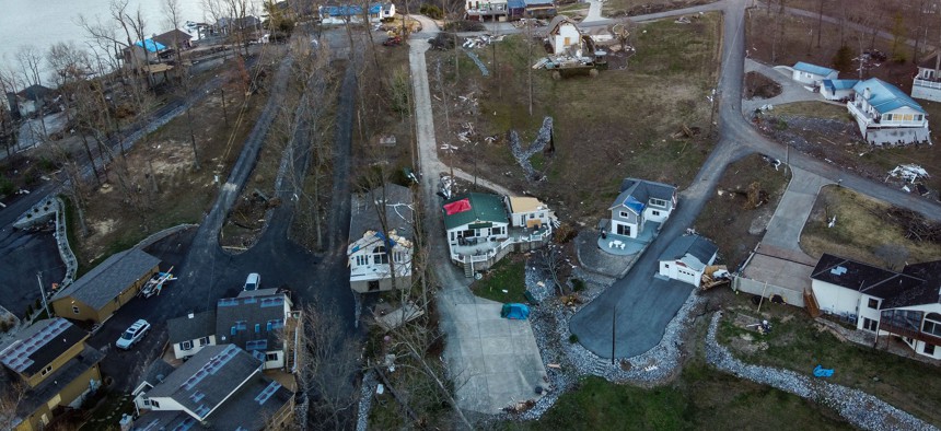 Aerial view of a Kentucky neighborhood destroyed by a tornado.