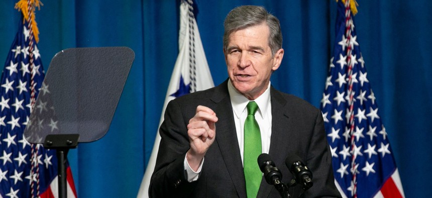 North Carolina Governor Roy Cooper speaks during an event in March 2022.