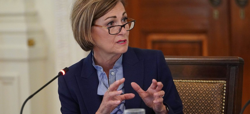 Iowa Governor Kim Reynolds speaks during an American Workforce Policy Advisory Board Meeting in the East Room of the White House in June 2020.