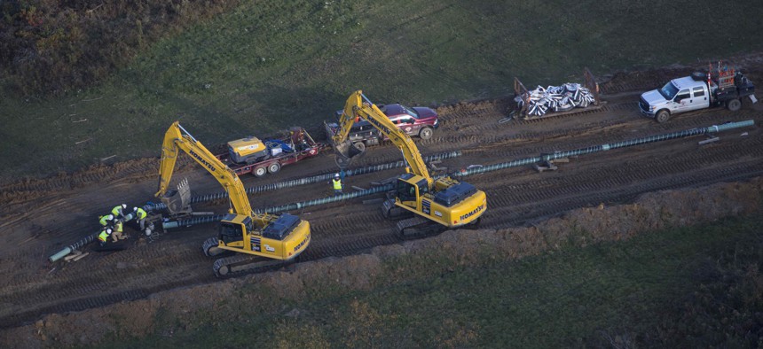An aerial view shows a natural gas pipeline under construction October 26, 2017 in Smith Township, Washington County, Pennsylvania. 