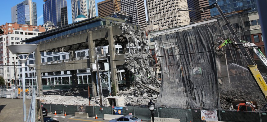 Demoliton crews work on the last remaining section of the Alaskan Way Viaduct, in September 2019.