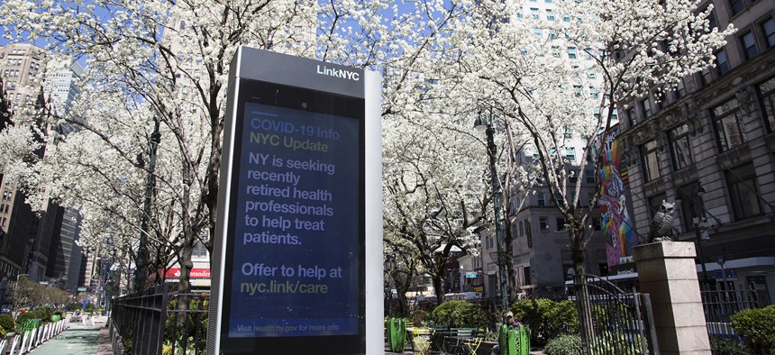  Information on the coronavirus is seen in a LinkNYC ad on March 24, 2020 in New York City.