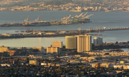 California, Emeryville and Port of Oakland from Berkeley hills with San Francisco Bay.