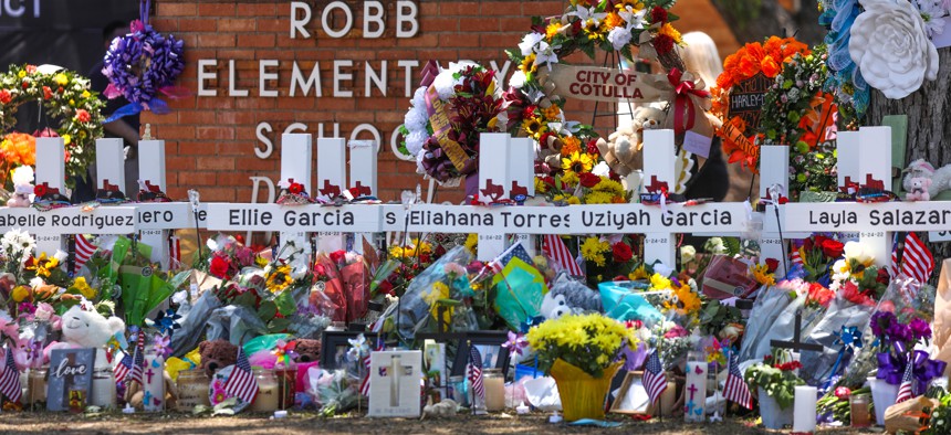 A memorial for the victims of the mass shooting at Robb Elementary School on May 28, 2022 in Uvalde, Texas.