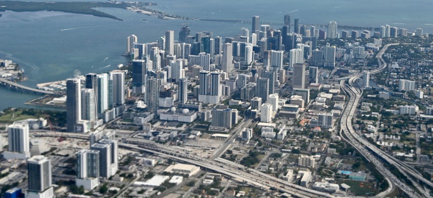 An aerial view shows downtown Miami, Florida, on April 27, 2022.