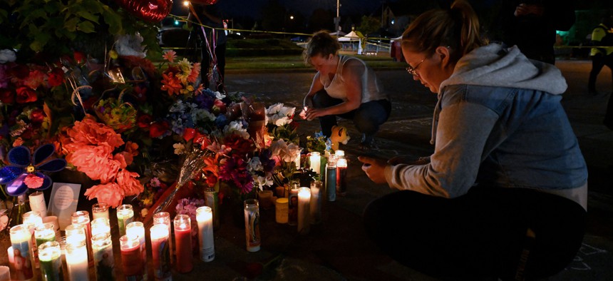 Memorial near a Tops Grocery store in Buffalo, New York, on May 15, 2022, the day after a gunman shot dead 10 people.