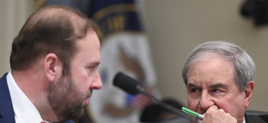 Kentucky Representative John Yarmuth of Kentucky, the Chairman of the House Budget Committee (R) listens to Ranking Member Representative Jason Smith of Missouri during a committee hearing in March, 2022.
