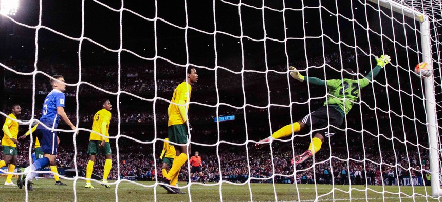 A goal is scored past St. Vincent and the Grenadines goalkeeper Winslow McDowall (22) during a 2015 FIFA World Cup 2018 Qualifier Match between the USA and St. Vincent/Grenadines. The USA defeated St. Vincent and the Grenadines 6-1 at Busch Stadium in St. Louis, MO.