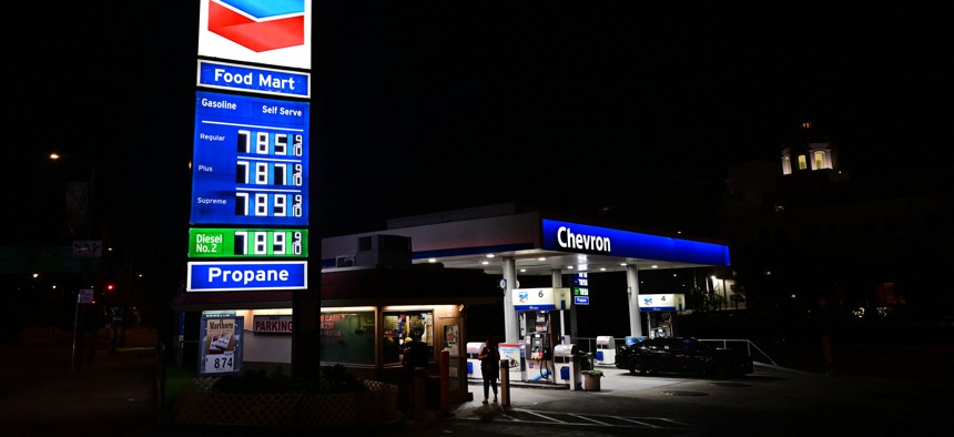 A Chevron gas station displays the price per gallon at over $7 in Los Angeles, California on June 22, 2022.