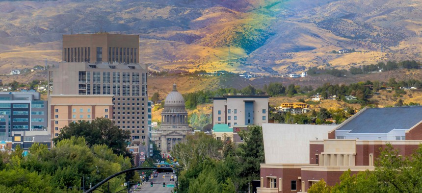 A rainbow appears in front of the Boise skyline after a summer storm.
