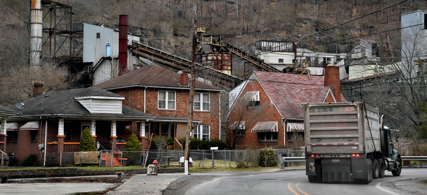 A coal truck rounds a corner near a dormant coal operation in March 2019 in Keystone, West, Virginia. 