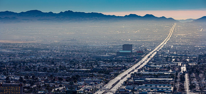 The Boulder City Parkway is viewed through the smog as viewed on January 11, 2022 in Las Vegas, Nevada.    