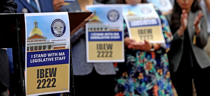  State House staff and statewide union leaders held a press conference updating the public on the staff union drive and calling on the Senate President to join her staff at the collective bargaining table in Boston on June 29, 2022.