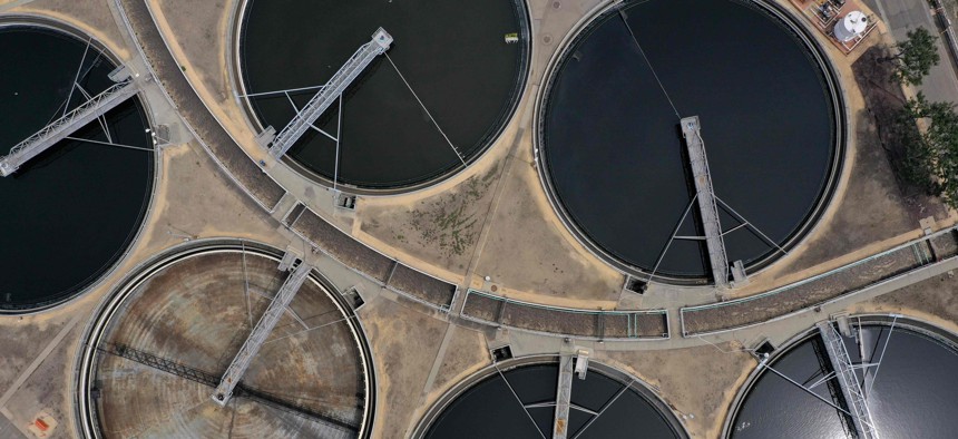 An aerial view of the East Bay Municipal Utility District Wastewater Treatment Plant on April 29, 2020 in Oakland, California.