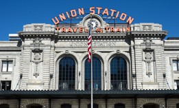 The renovated Union Station in Denver, Colorado, built in 1881, is a beaux-arts-style central transportation hub with Amtrak, light rail and bus services and connections.