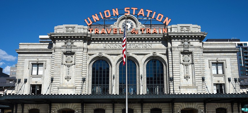 The renovated Union Station in Denver, Colorado, built in 1881, is a beaux-arts-style central transportation hub with Amtrak, light rail and bus services and connections.